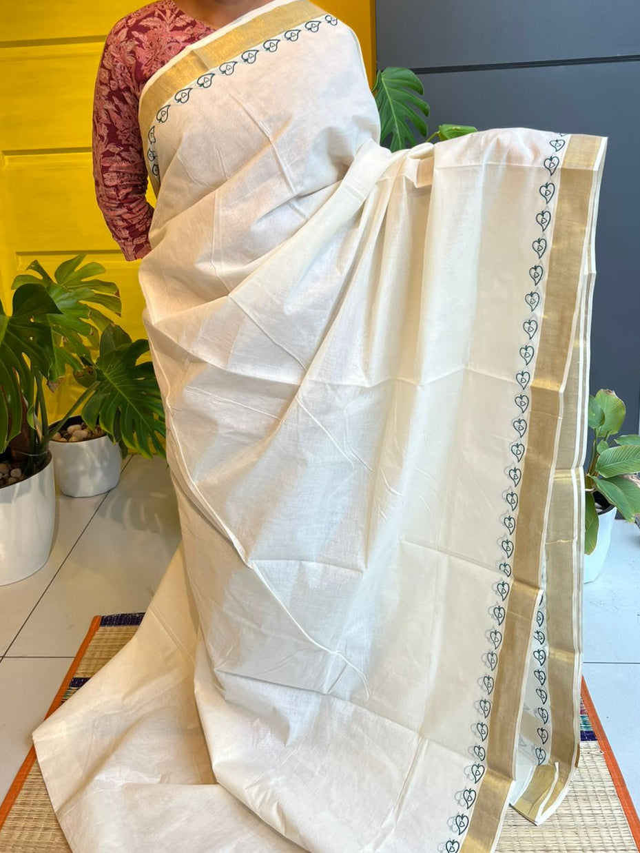 Kerala Cotton Saree with Green Print SL218