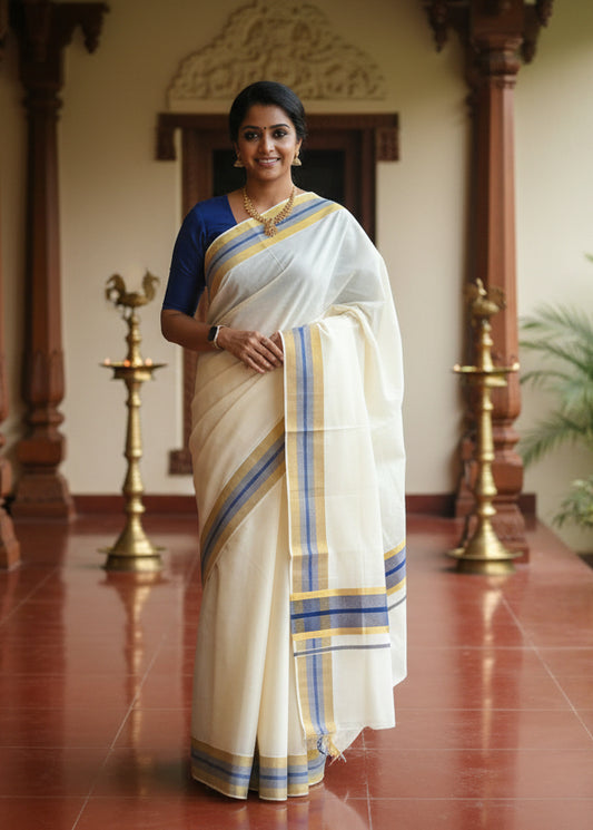 Kerala Cotton Saree with Blue and Gold Border SL219