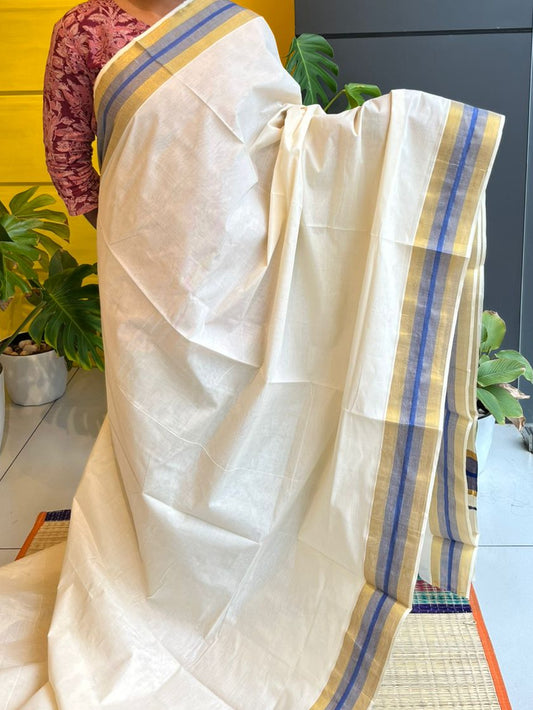 Kerala Cotton Saree with Blue and Gold Border SL219