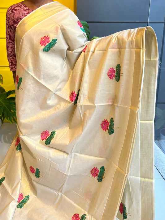 Kerala Tissue Lotus Embroidery Saree SLlotus