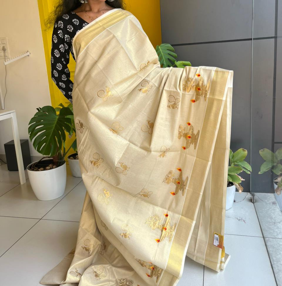 Kerala Plain Tissue Mayil Vilakku Kasavu Saree SL222
