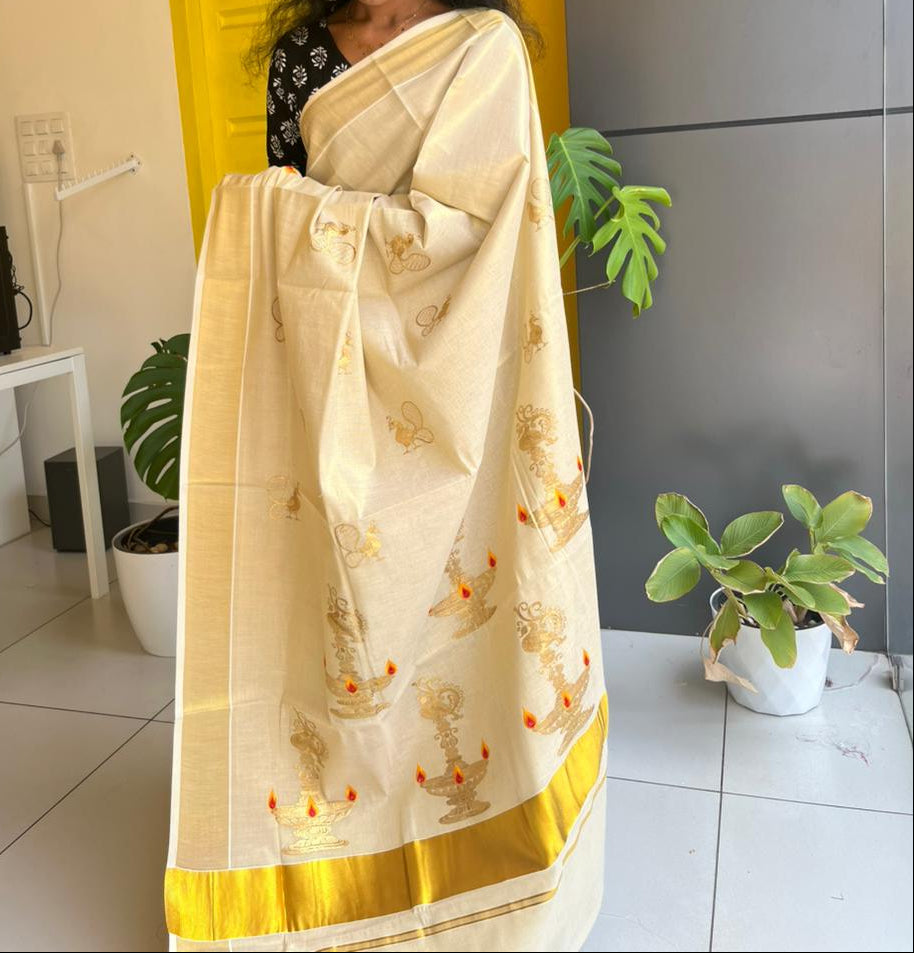 Kerala Plain Tissue Mayil Vilakku Kasavu Saree SL222