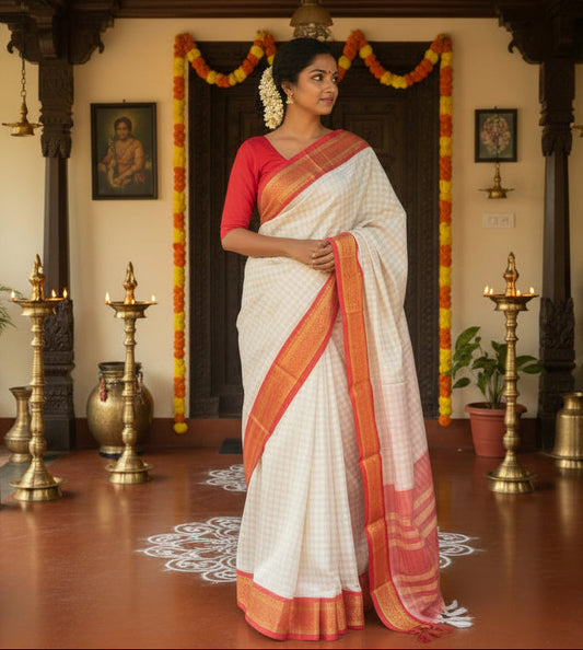 Cotton Silk  Check Saree With Red Border & Tassels SL223