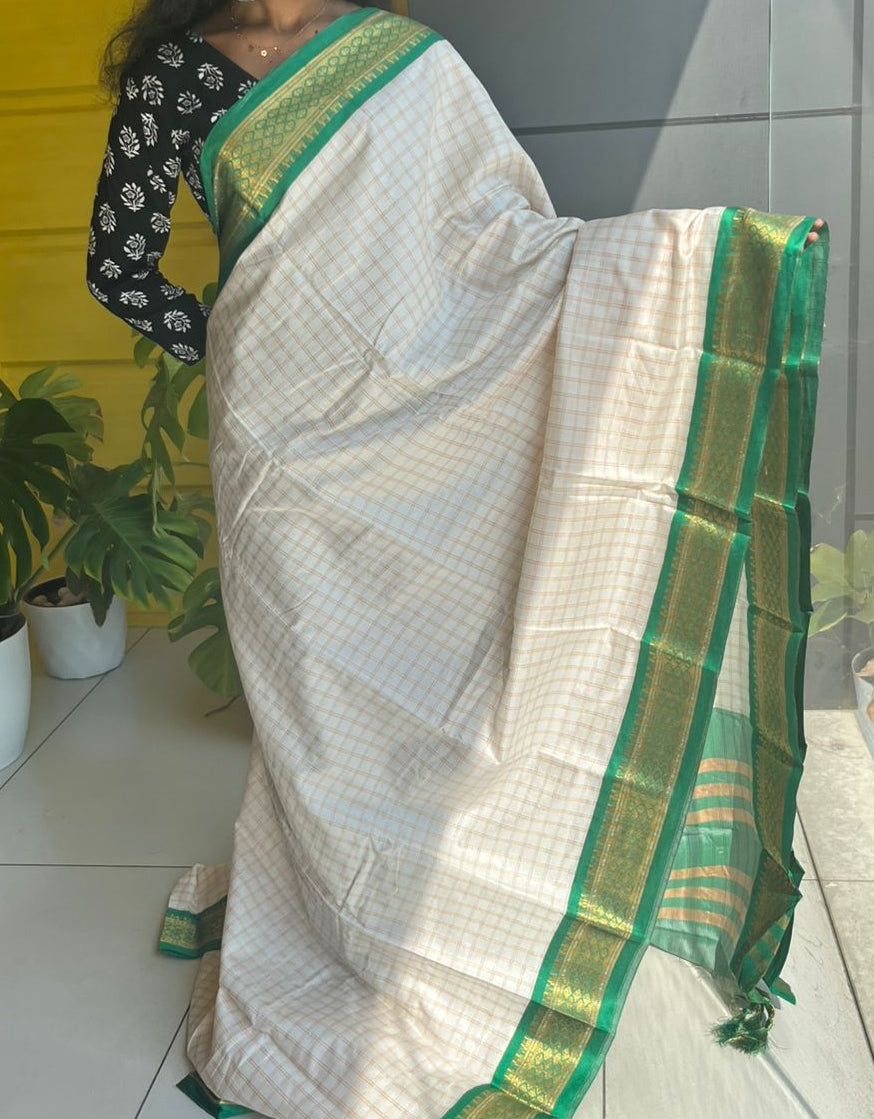 Cotton Silk  Check Saree With Green Border & Tassels SL223