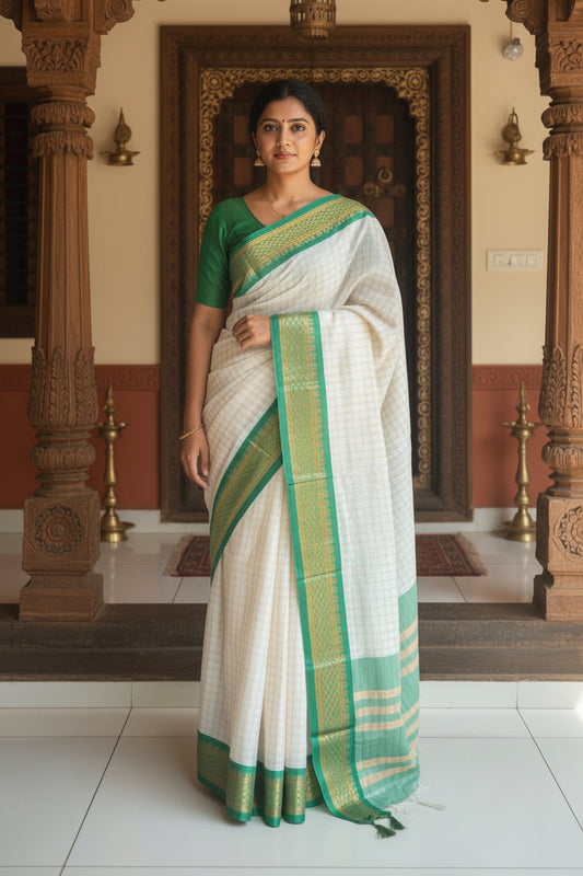 Cotton Silk  Check Saree With Green Border & Tassels SL223