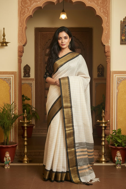 Cotton Silk Check Saree With Black Border & Tassels SL223
