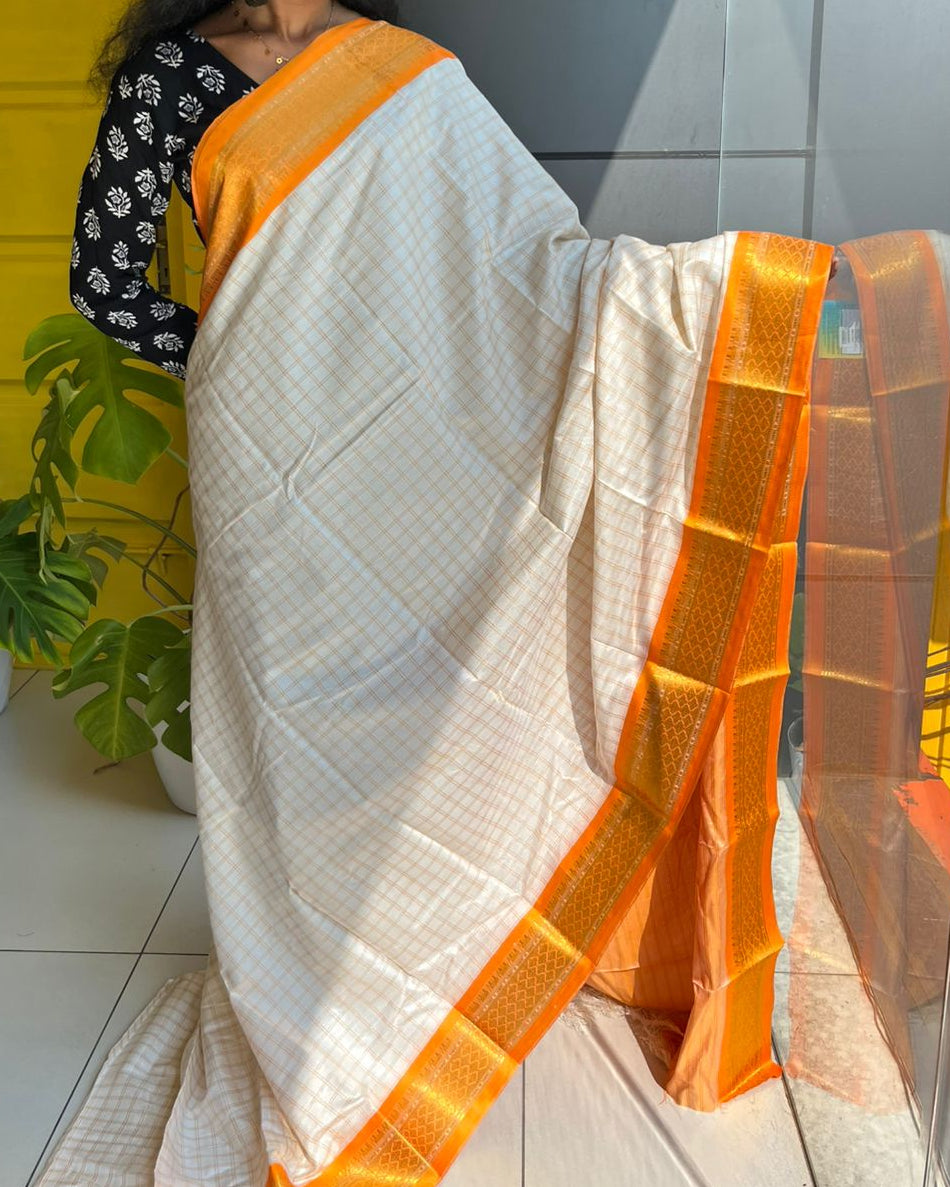 Cotton Silk Check Saree With Orange Border & Tassels SL223