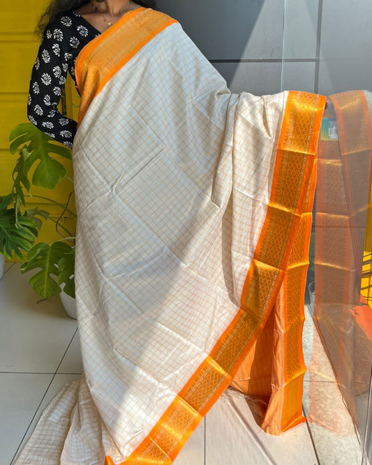 Cotton Silk Check Saree With Orange Border & Tassels SL223