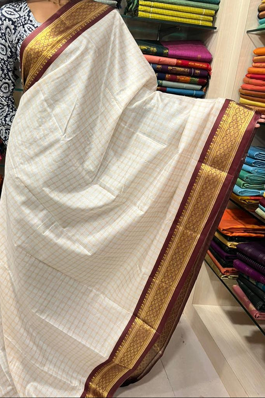 Cotton Silk Check Saree With Maroon Border & Tassels SL223