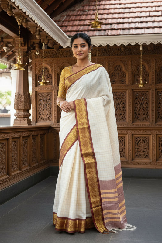 Cotton Silk Check Saree With Maroon Border & Tassels SL223