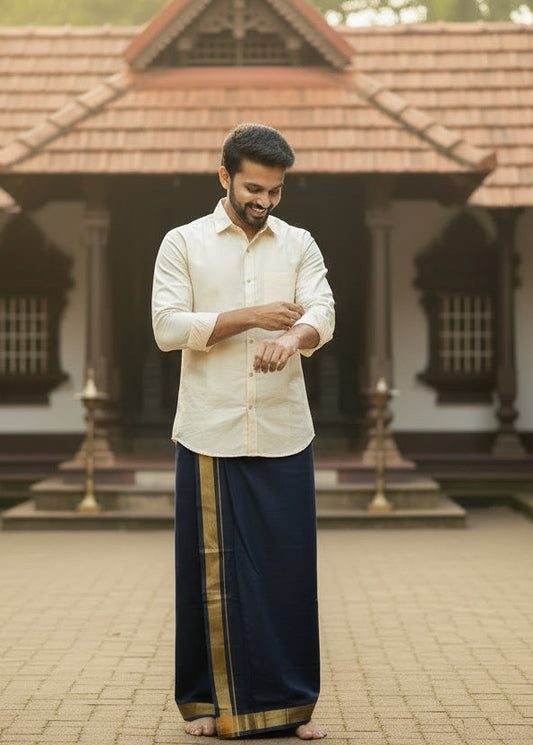 Kerala Cotton Black Colour Double Mundu With Golden Kasavu SL233