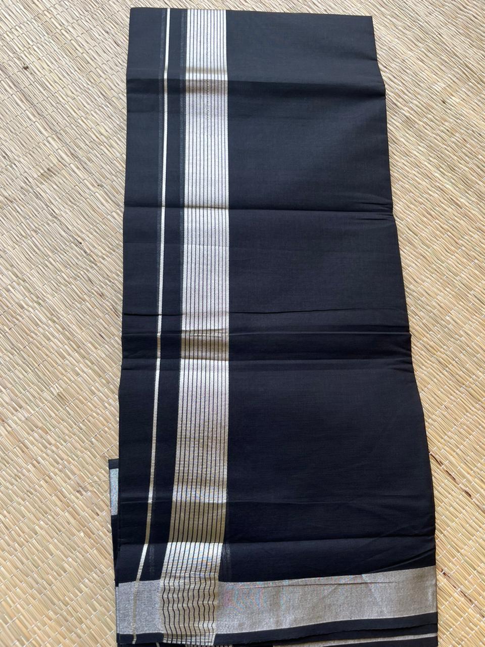 Kerala Cotton Black Colour Double Mundu With silver Kasavu SL233