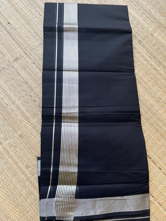 Kerala Cotton Black Colour Double Mundu With silver Kasavu SL233