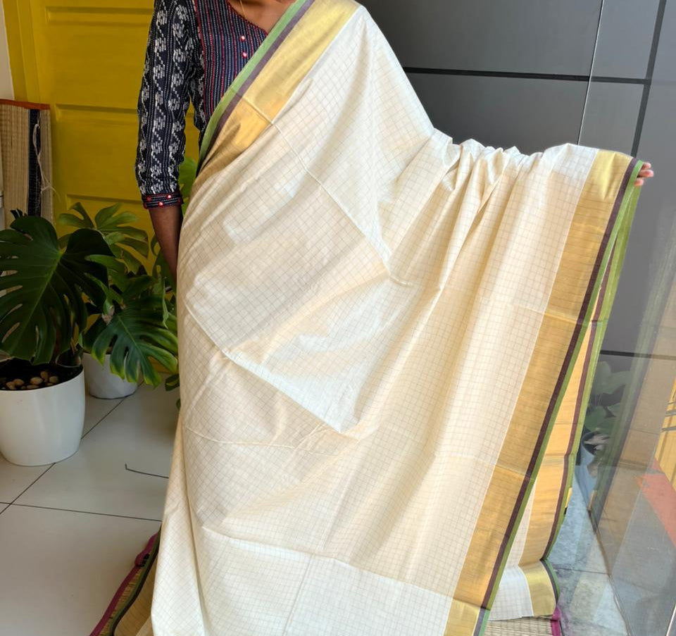 Kerala Cotton Check Saree With Green & Brown Border SL235