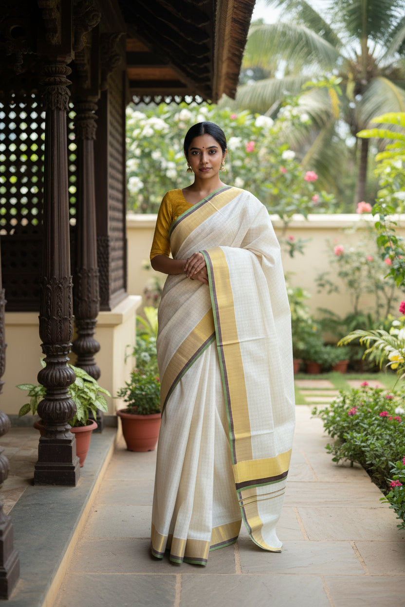 Kerala Cotton Check Saree With Green & Brown Border SL235