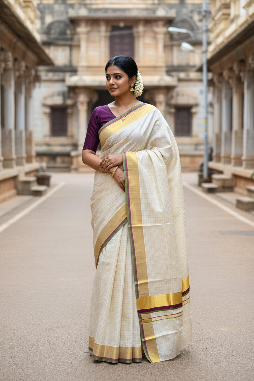 Kerala Cotton Check Saree With Purple  & Green Border SL235
