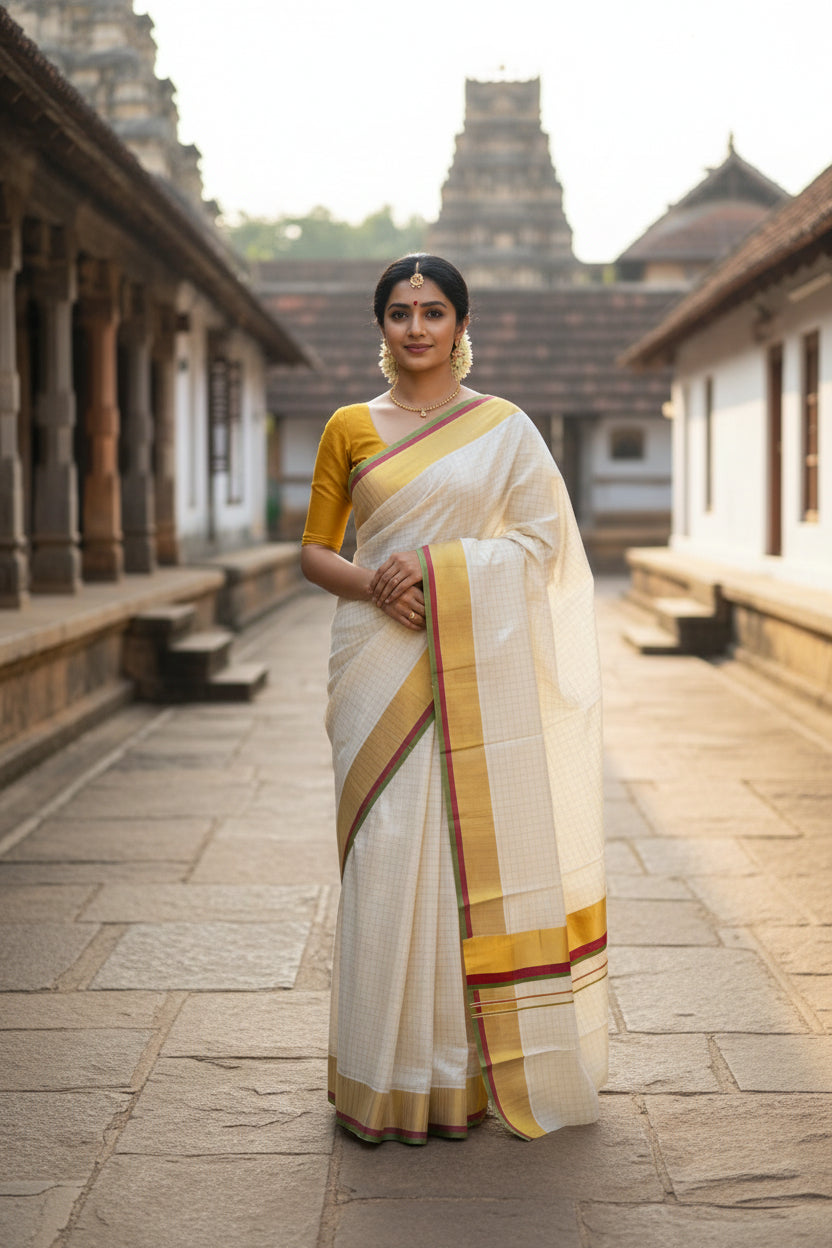 Kerala Cotton Check Saree With Red  & Green Border SL235