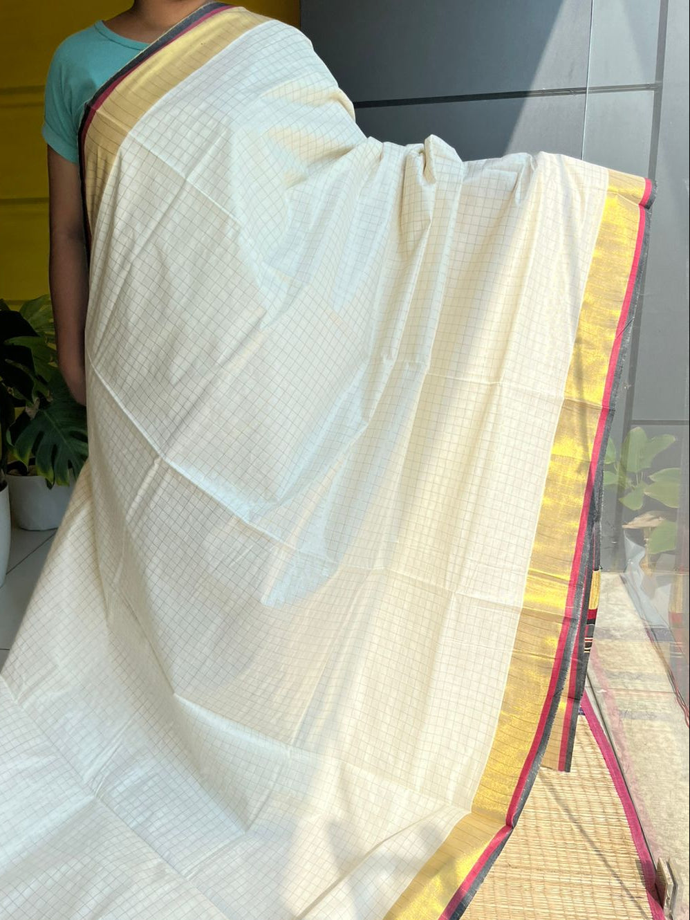 Kerala Cotton Check Saree With Maroon & Black Border SL235