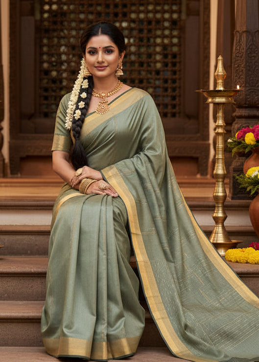 Green Semi Tussar Saree SL237