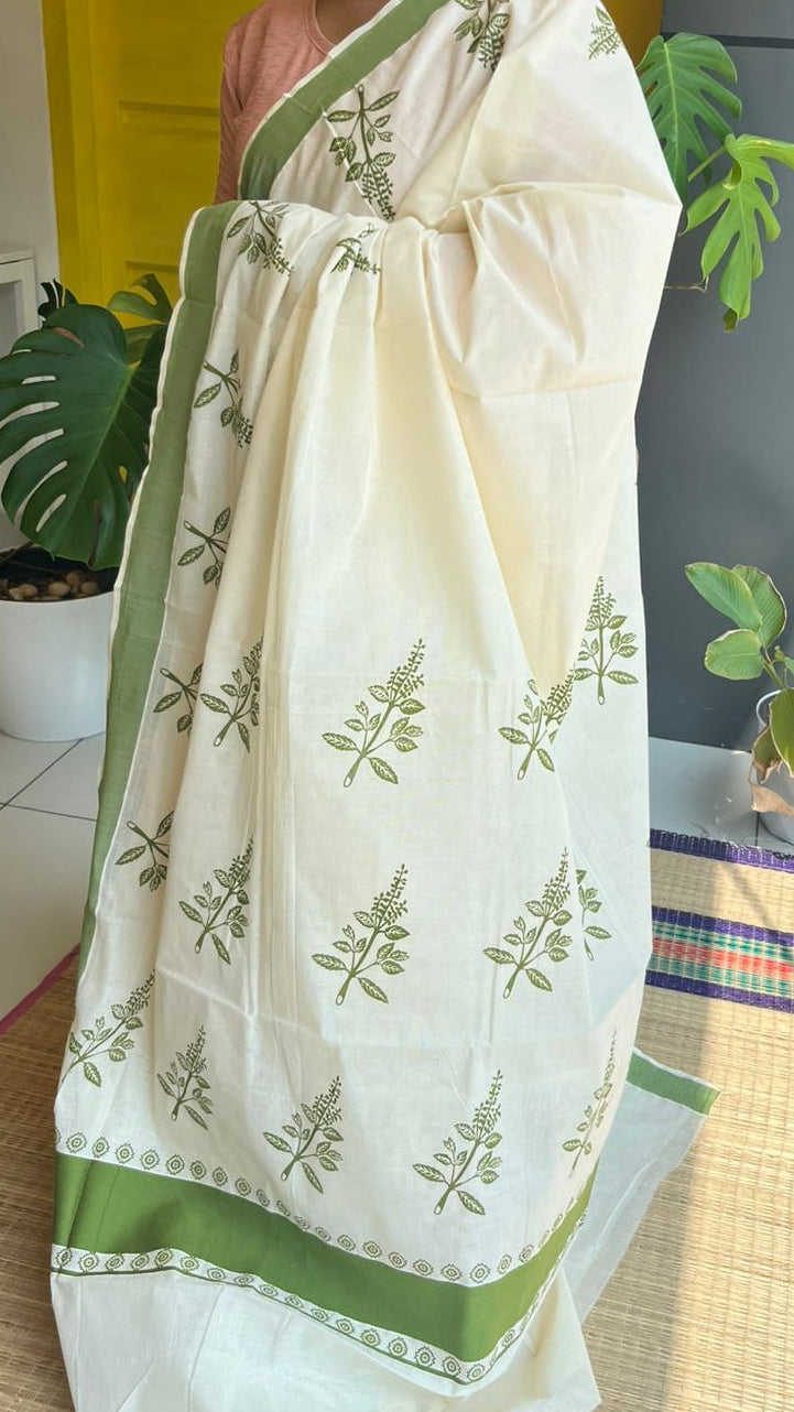 Kerala Cotton Bottle Green  Colour Printed Saree SL177