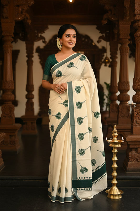 Kerala Cotton Bottle Green  Colour Printed Saree SL177