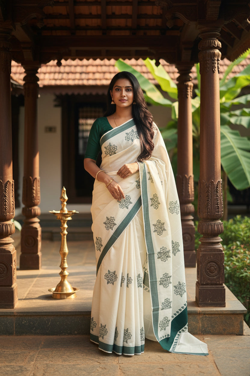 Kerala Cotton Olive Green Colour Printed Saree SL177