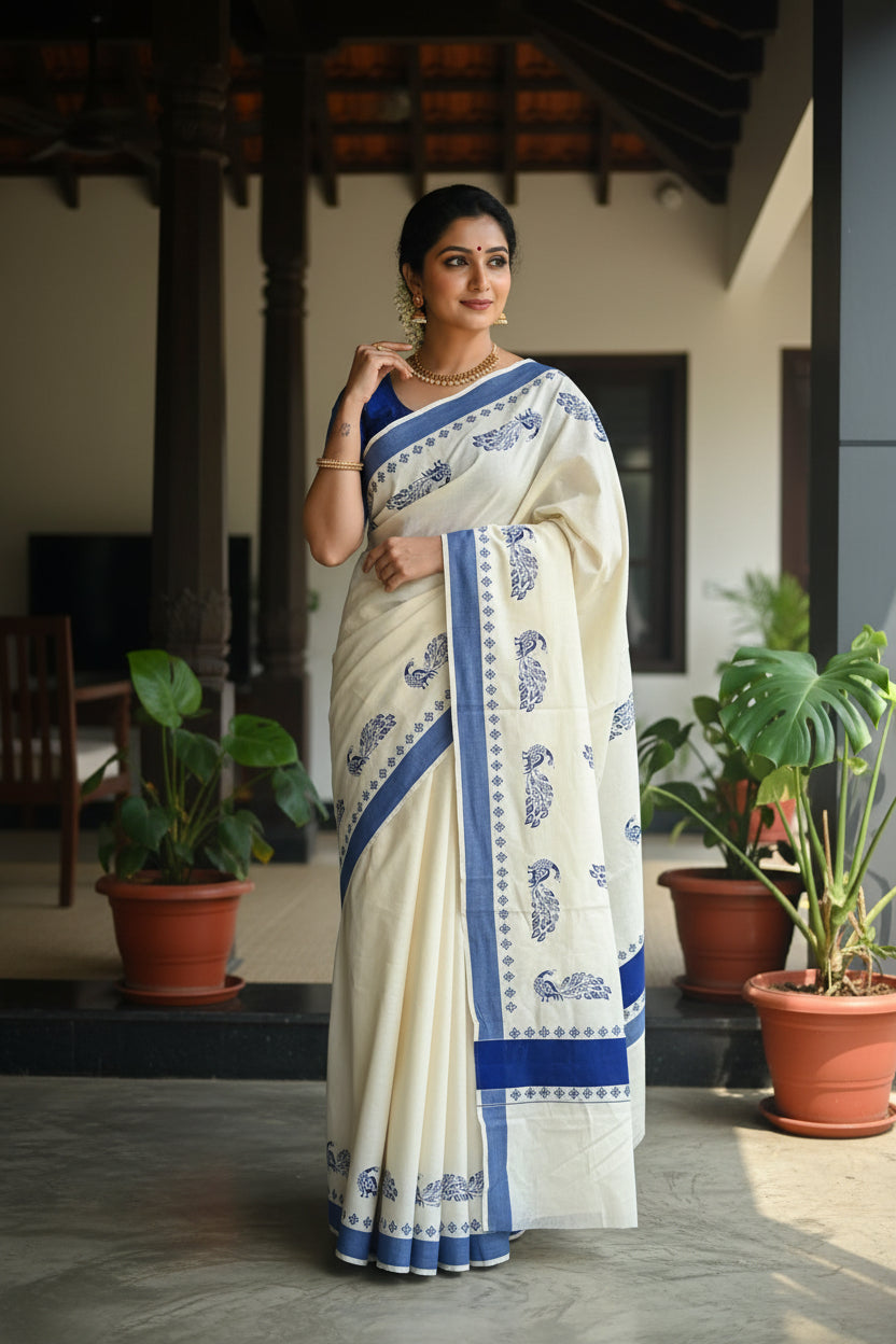 Kerala Cotton Blue  Colour Printed Saree SL177