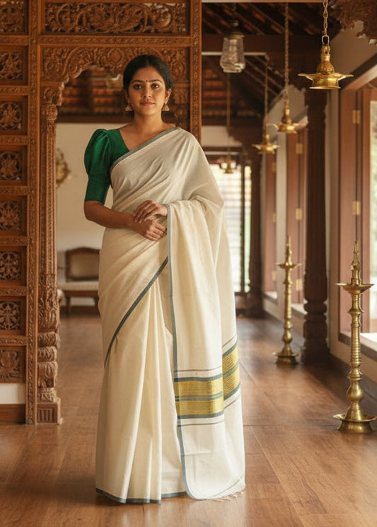 Kerala Cotton Green And Kasavu Border Saree SL238