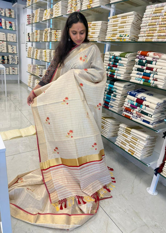 Kerala Tissue Saree With Red Floral Embroidery Design SL249