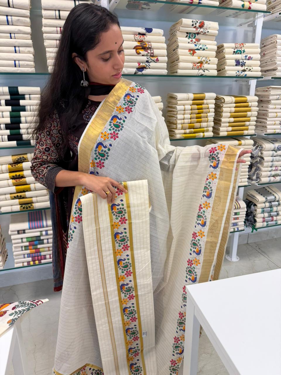 Kerala Cotton Peacock Printed  Set Mundu With Stripes on Body SL251
