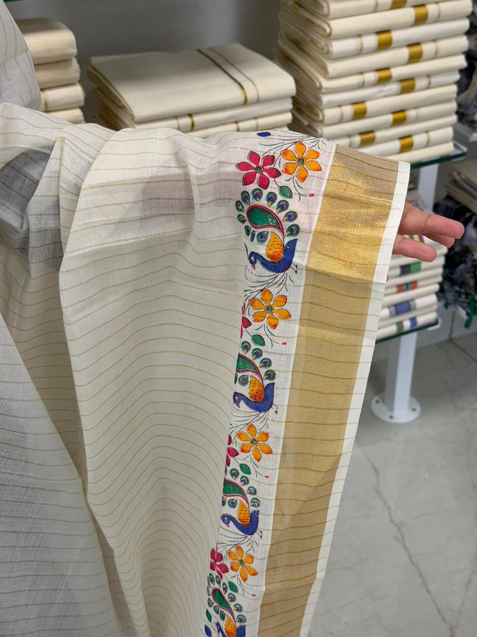 Kerala Cotton Peacock Printed  Set Mundu With Stripes on Body SL251