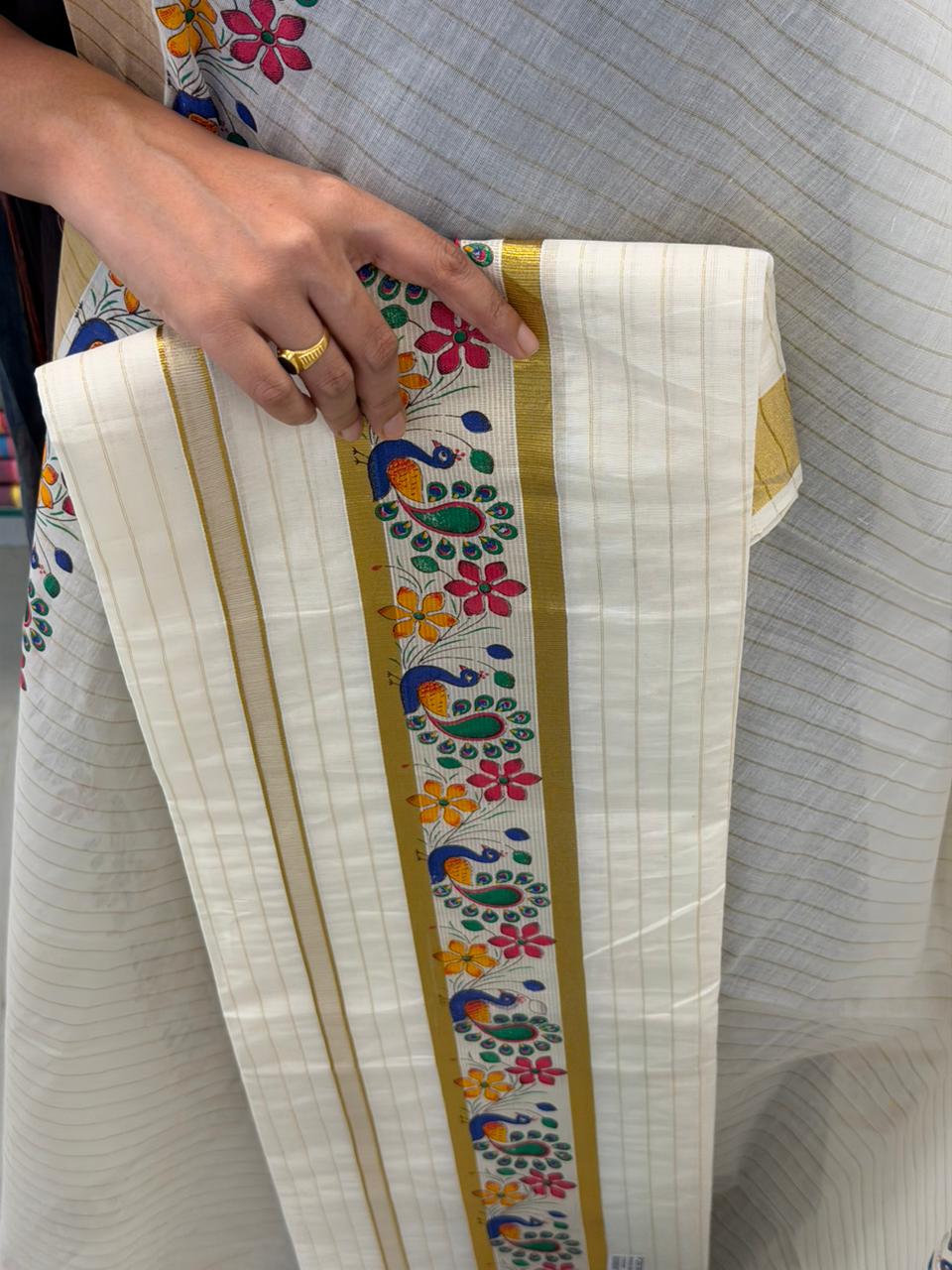 Kerala Cotton Peacock Printed  Set Mundu With Stripes on Body SL251