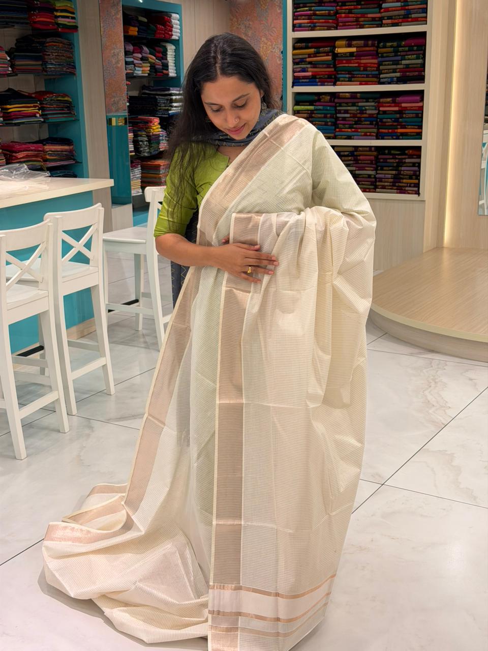 Kerala Cotton Lines Saree With Rose Copper  Kasavu Border SL255