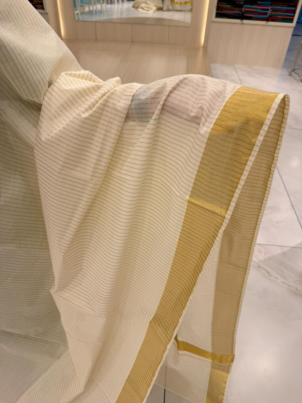 Kerala Cotton Lines Saree With Golden Kasavu Border SL255