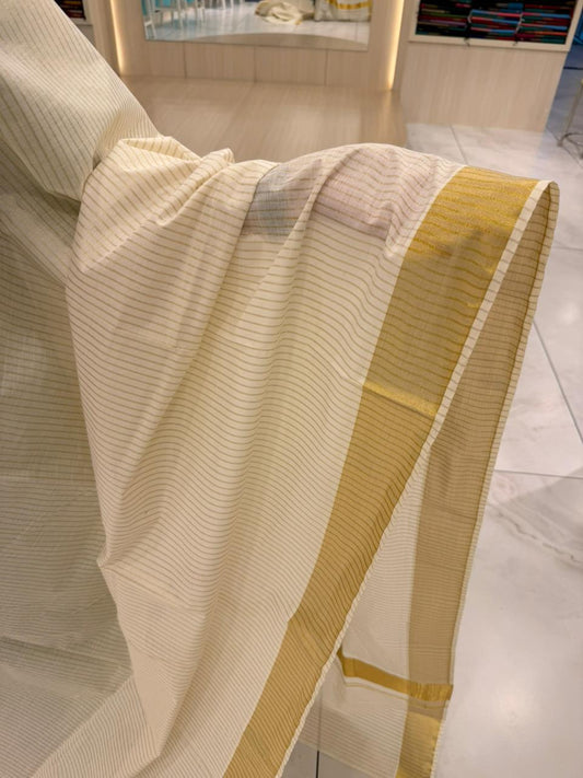 Kerala Cotton Lines Saree With Golden Kasavu Border SL255