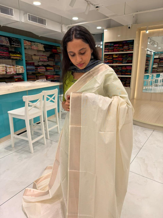 Kerala Cotton Lines Saree With Rose Copper  Kasavu Border SL255