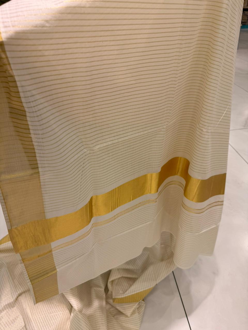 Kerala Cotton Lines Saree With Golden Kasavu Border SL255