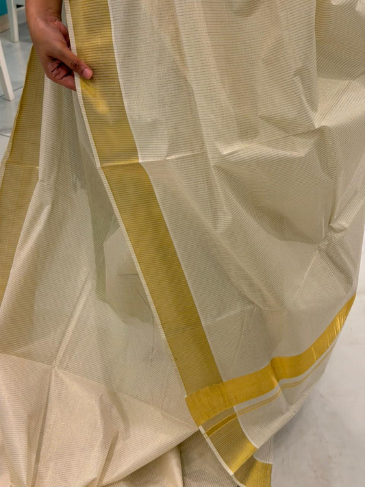 Kerala Cotton Lines Saree With Golden Kasavu Border  SL255