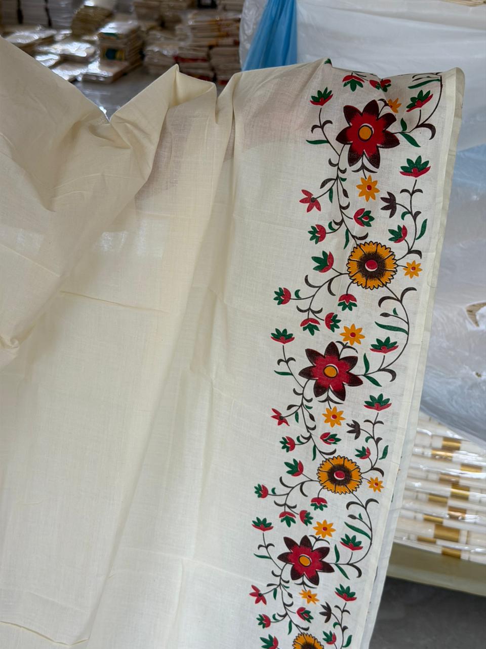 Kerala Cotton Single Set Mundu With Floral Design 2.80 Mtrs SL260