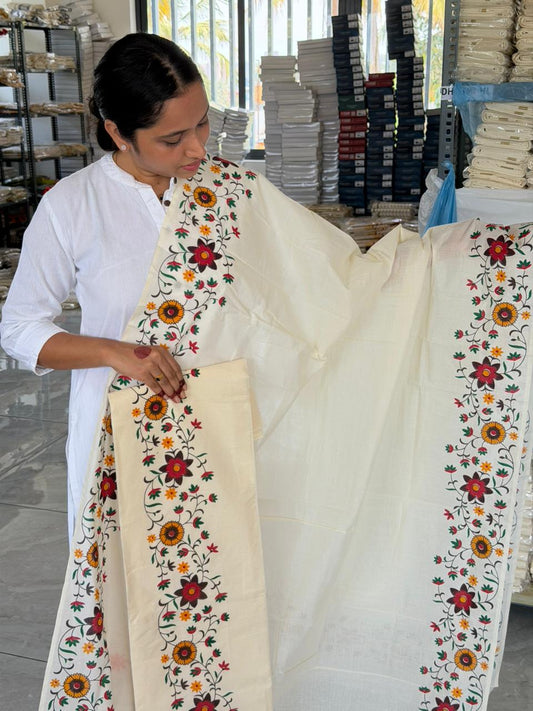 Kerala Cotton Single Set Mundu With Floral Design 2.80 Mtrs SL260