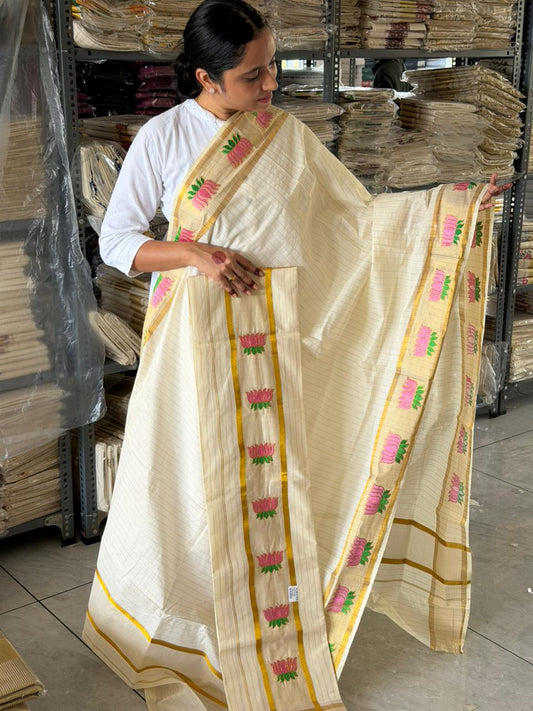 Kerala Cotton Single Set Mundu With Lotus Embroidery and Kasavu Lines On The Body 2.80 Mtrs SL262