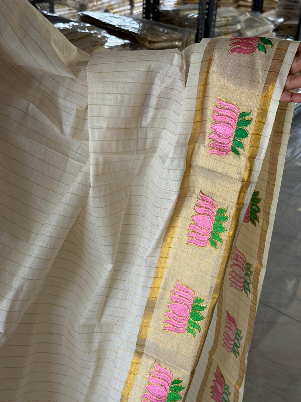 Kerala Cotton Single Set Mundu With Lotus Embroidery and Kasavu Lines On The Body 2.80 Mtrs SL262