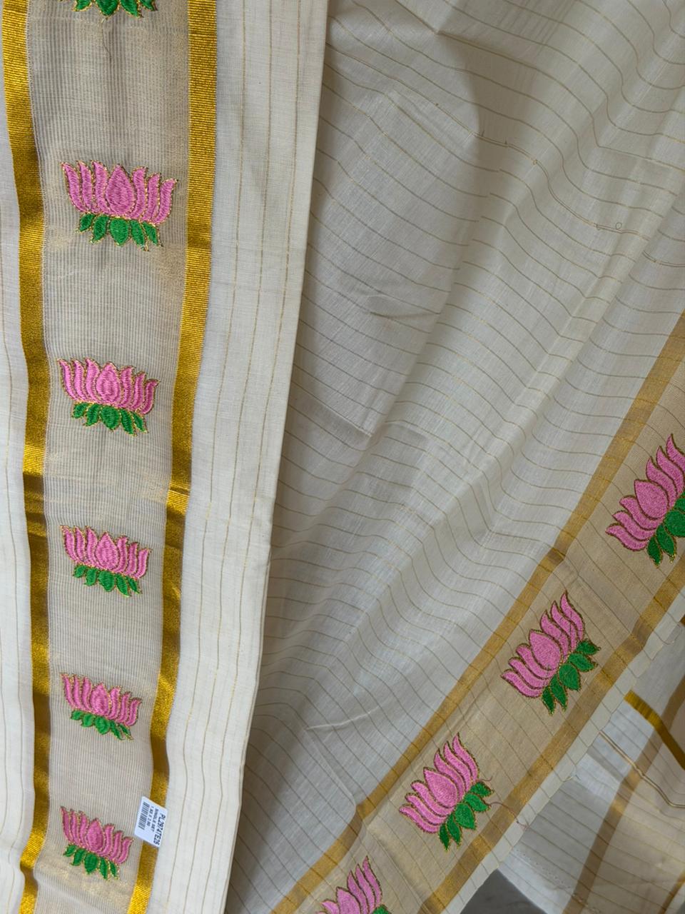 Kerala Cotton Single Set Mundu With Lotus Embroidery and Kasavu Lines On The Body 2.80 Mtrs SL262