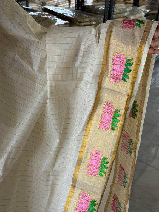 Kerala Cotton Single Set Mundu With Lotus Embroidery and Kasavu Lines On The Body 2.80 Mtrs SL262