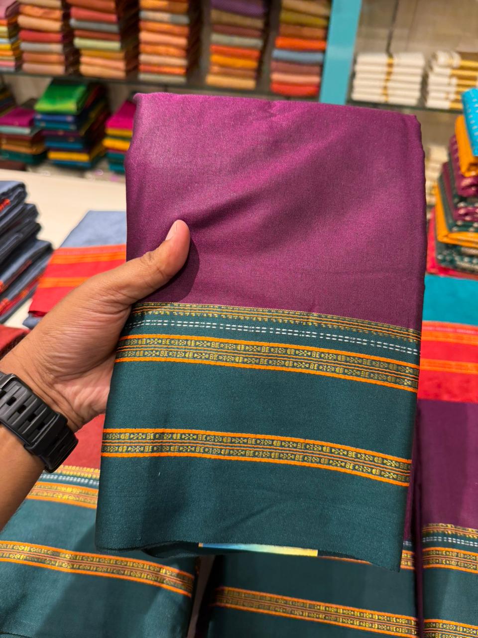 Southloom Gadwal Border Cotton Base Narayanpet Saree with in Purple and Green SL265