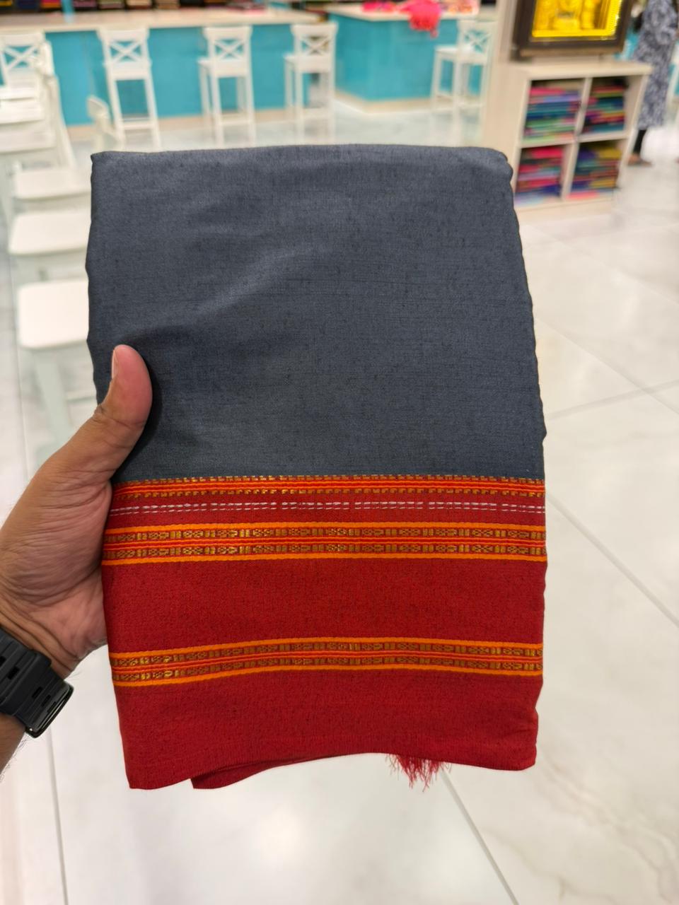 Southloom Gadwal Border Cotton Base Narayanpet Saree with in Grey and Red SL265