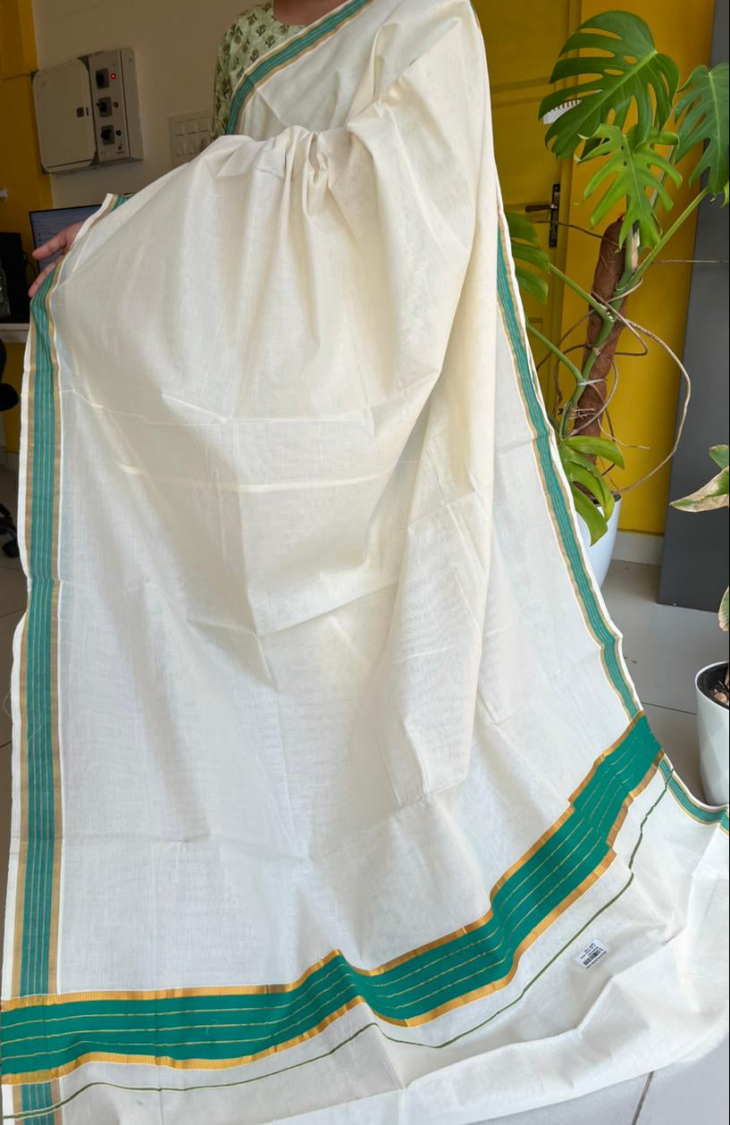 Kerala Pure Cotton Plain Kasavu Saree with Green Border SL267