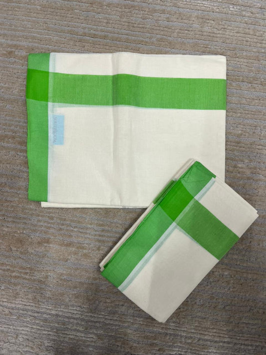 Southloom Pure Cotton Kerala Single Mulloth Set Mundu (Mundum Neriyathum) Green Border in 2.80 mtrs SL270