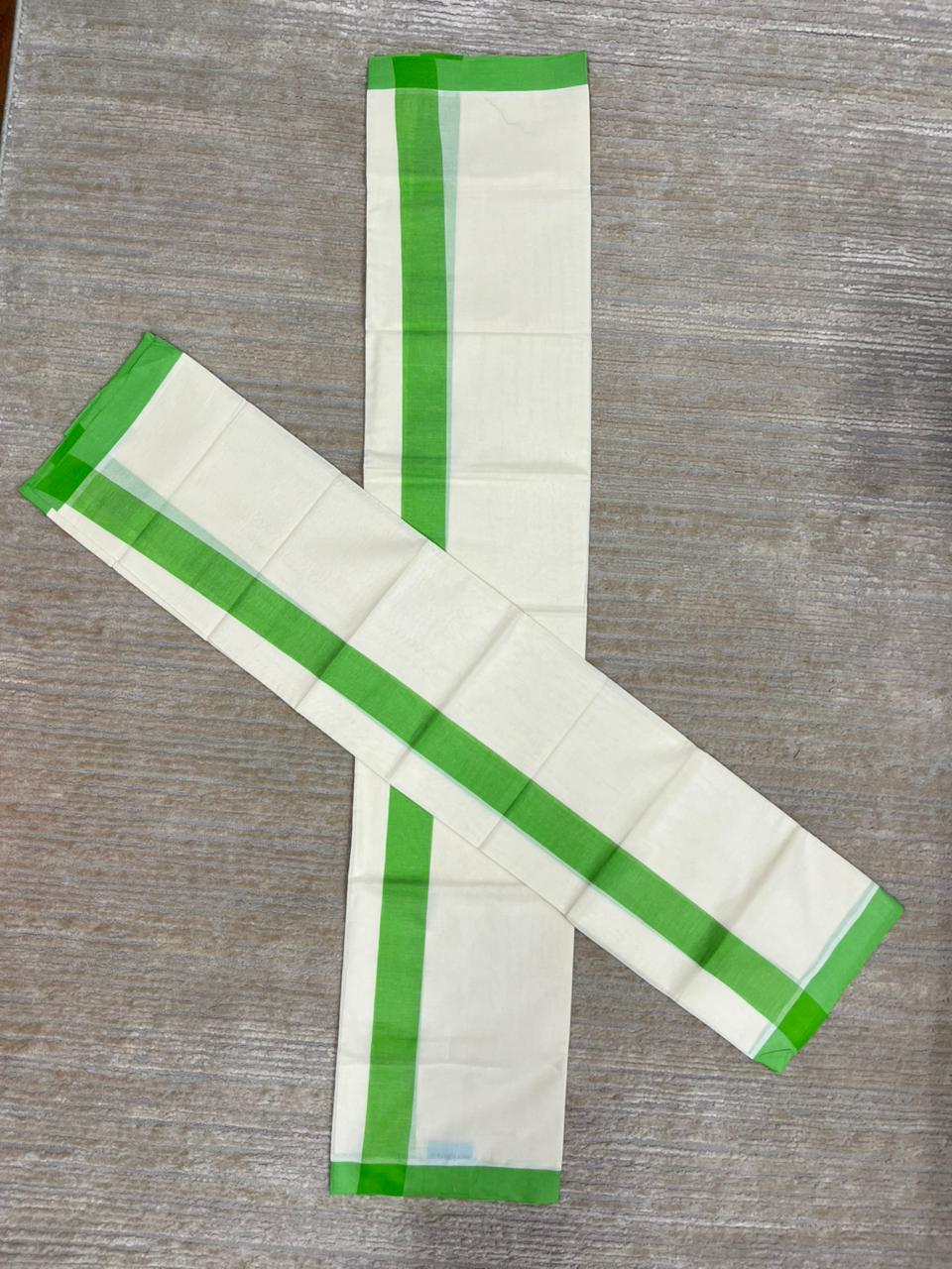 Southloom Pure Cotton Kerala Single Mulloth Set Mundu (Mundum Neriyathum) Green Border in 2.80 mtrs SL270