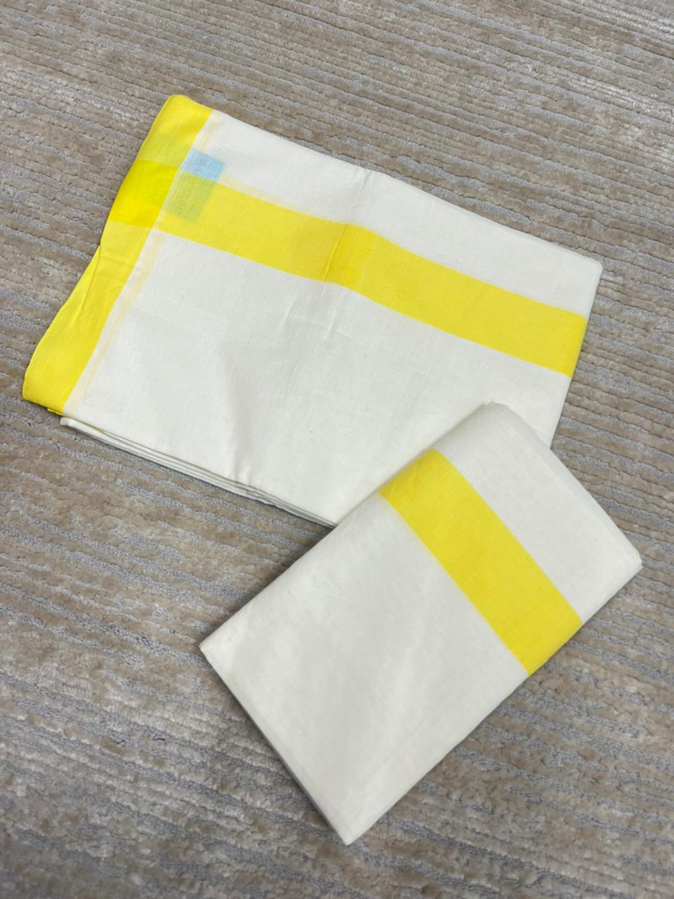 Southloom Pure Cotton Kerala Single Mulloth Set Mundu (Mundum Neriyathum) Yellow Border in 2.80 mtrs SL270